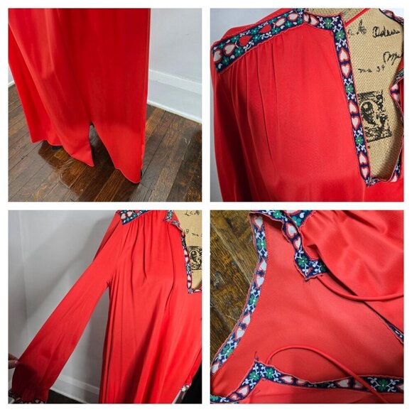 Vintage 70s Red Flowy Kaftan Maxi Dress Bohemian - Picture 5 of 16